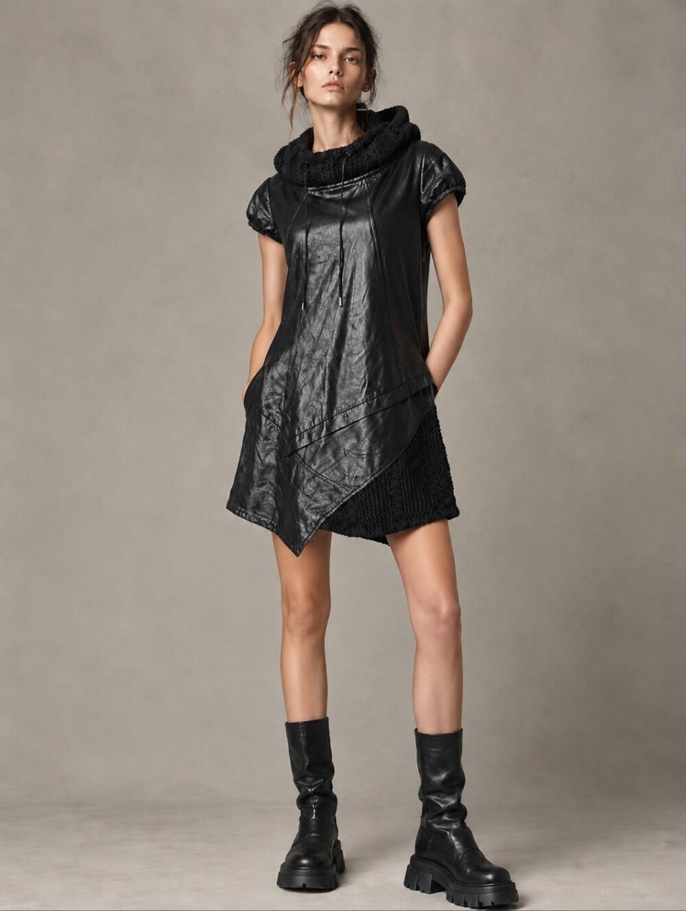 Buccelli Vintage 90s Y2K Gothic Black Leather Asymmetrical Hem Mixed-Media Dress
